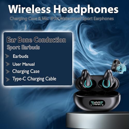 Open Ear Bone Conduction Bluetooth Headphones – Waterproof Sports Earphones with Secure Earhooks, Integrated Hands-Free Microphone, and Wireless Charging Case for Active Lifestyles and Enhanced Safety Awareness