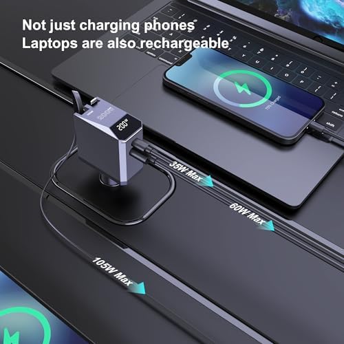 Aftertop 200 W Retractable USB-C Car Charger: 3-in-1 Fast Charging Solution with 2.3 ft Cable & Power Display for Mac Book Pro, i Phone 16/15, Galaxy S25/S24 Ultra – Ultimate Portability & Speed for All Your Devices