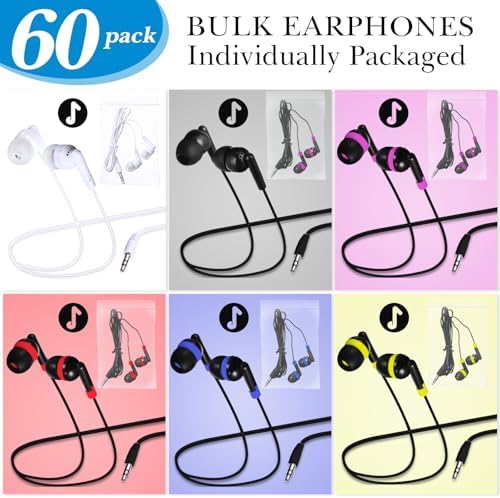 Vibrant 60-Pack Konohan Earbuds for Kids – Retro-Style Classroom Headphones, Individually Packaged for Hygiene, Ideal for Group Learning & Study, Compatible with All Devices, Durable Comfort for All-Day Use