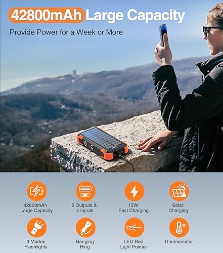 GOODaaa 42800 m Ah Portable Solar Power Bank with Built-in Cables and 15 W Fast Charging – Multi-Device Outdoor Charger with 5 Outputs, 3 Inputs, Emergency Flashlight and Durable Carabiner for Ultimate Convenience and Reliability
