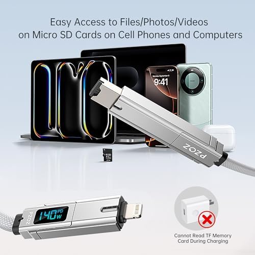 PZOZ 5-in-1 Portable OTG Cable: Fast Charging Keychain Hub with USB-C, Lightning, USB A, Micro SD/TF Reader & LED Display – 140 W Power Delivery for Ultimate Device Compatibility and On-the-Go Convenience