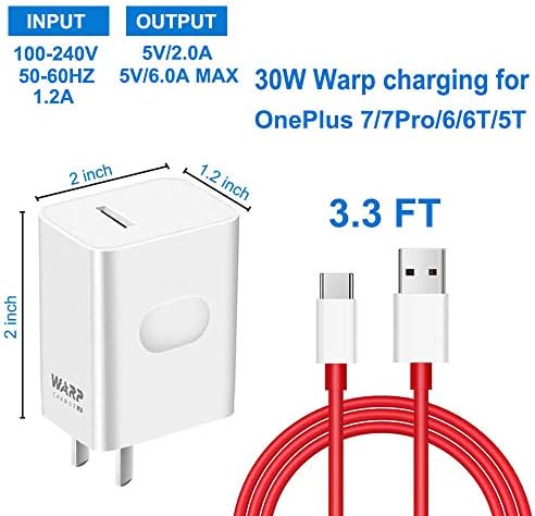Ultra-Fast Warp Charger: 30 W USB-C Wall Adapter with 3.3 FT Data Cable for One Plus Devices – Unmatched Quick Charging for Models 9, 8 Pro, 7 T, 6, 5 T, 5, 3 T, and 3 – Compact, Durable, and Travel-Friendly Power Solution for Seamless Connectivity and Efficiency