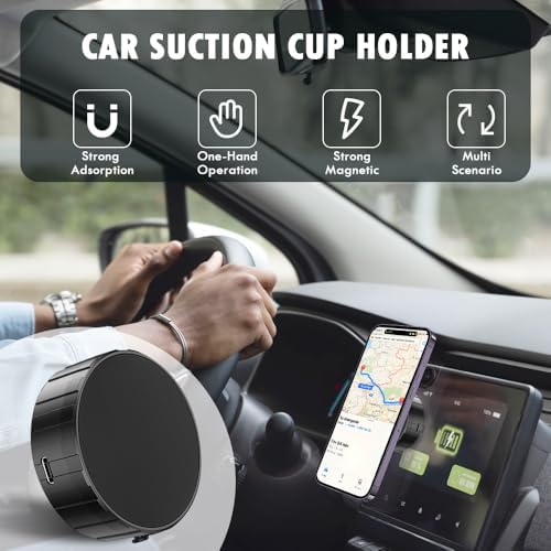 Universal Magnetic Car Phone Mount – 360° Rotating Dashboard & Windshield Holder for i Phone 15/14/13 Pro Max & Samsung Galaxy – Strong Suction Cup, One-Hand Release, Mag Safe Compatible for Effortless Navigation and Safety
