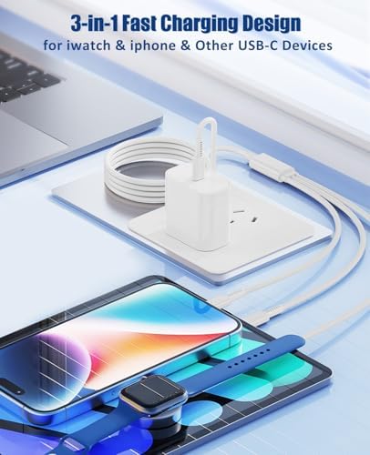 Ultimate 3-in-1 Fast Charging Cable for Apple Devices – 20 W USB-C Charger with 6 FT Length for Seamless Compatibility with Apple Watch Ultra2/SE/10/9/8/7/6/5/4/3 & i Phone 15/16 Pro Max/14/13/12/11 – Elegant White Design for Effortless Organization and Rapid Charging Efficiency