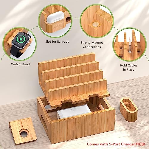 Eco-Friendly Bamboo 5-Port USB Charging Station: Versatile Multi-Device Organizer with Smartwatch and Earbuds Stand for Efficient Power Management – Perfect for Home and Office Use