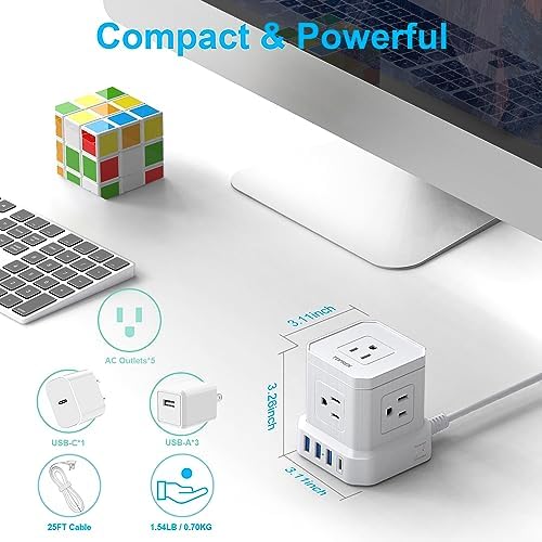 TOPREK Ultra-Slim 5-Outlet Power Strip with USB-C and USB-A Ports – 5 FT Flat Extension Cord Surge Protector for Efficient Charging in Home, Office, and Travel – Compact Design for Enhanced Portability and Safety