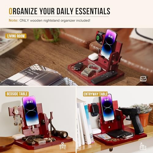 ONETIGRIS Nightstand Organizer, Gifts for Men Women Dad Husband Son Boyfriend Wife, Wood Phone Docking Station Gifts for Father’s Day, Birthday Mother’s Day and Valentine’s Day – Enhanced Compatibility and Speed