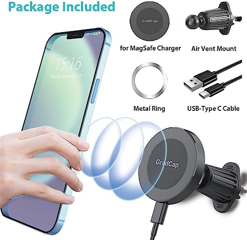 Mag Safe Car Mount Charger – Cradleless 15 W Magnetic Wireless Phone Holder for i Phone 15 Pro Max, 14, 13, 12, 11, Plus & Mini – Effortless Air Vent Installation, Secure Grip, Rapid Charging Solution for Modern Drivers
