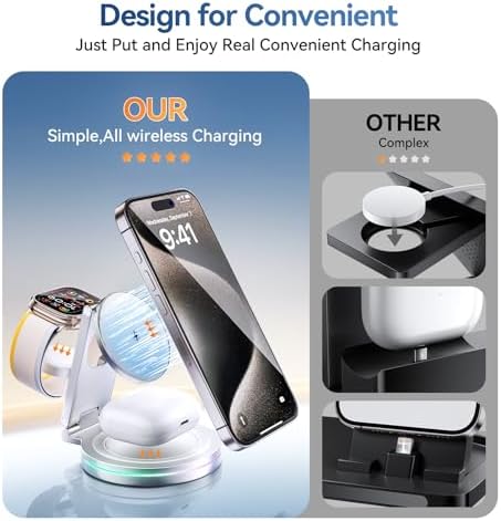 Sleek 3-in-1 Wireless Charging Station for Apple Devices – 15 W Fast Mag-Safe Qi-Certified Portable Charger Stand for i Phone 12/13/14, Apple Watch & Air Pods Pro/2/3 – Adjustable Viewing Angle & Compact Design in Elegant Silver Finish – Ultimate Convenience for Home and Office Use