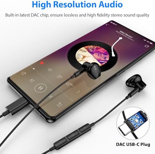 High-Fidelity USB C Wired Earbuds for Samsung and i Phone – Ergonomic Type C Stereo Earphones with Microphone, Volume Control & Magnetic Design for Ultimate Comfort – Enhance Your Audio Experience on Android Devices & i Pads in Sleek Black