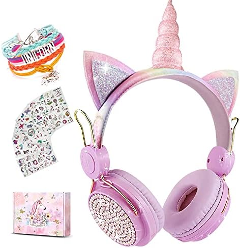 Light Purple Unicorn Cat Ear Bluetooth Headphones for Kids – Safe Listening with Volume Limiting, FM Radio & Dual Connectivity for Fun Learning and Entertainment – Ideal for School, Laptops, and Smartphones