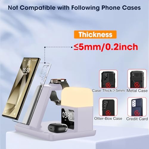 Ultimate 6-in-1 Wireless Charging Station for Samsung Devices – Stylish Purple Design with Alarm Clock and Night Light Functionality – Fast Charging for Galaxy S25/S24/S23 Ultra Series, Galaxy Watch 7/6/5/4, and Galaxy Buds – Ideal for Home or Office Use – Enhanced Safety Features and Adjustable Brightness Settings – Tidy Up Your Space with This Multi-Device Charger – Compatible with USB-C, Perfect for Samsung Users Seeking Convenience and Efficiency – Say Goodbye to Clutter and Hello to Seamless Charging Experience!