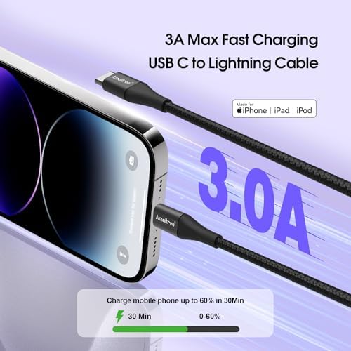 Experience Unmatched Charging Efficiency with the 4 Ft USB C to Lightning Cable – Apple MFi Certified – 2-Pack Fast Charging Braided Cables for i Phone 14, 13, 12, 11, XS, XR, 8 – Durable Woven Design in Sleek Black – Perfect for Home, Travel, and Car Play – Enhanced Durability and Rapid Power Delivery