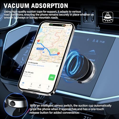 Nixie Phone Holder 360° Adjustable Electric Vacuum Magnetic Suction Cup Phone Mount,15W Wireless Charger Car Magnetic Phone Mount,Hands-Free Magnetic Cell Phone Holder for MagSafe iPhone – Enhanced Compatibility and Speed
