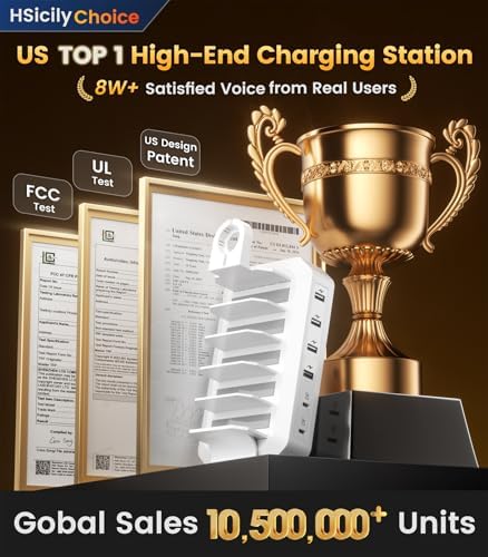95 W Multi-Device Fast Charging Station – 6-Port USB Dock with 2 PD Ports for Quick Power-Up | UL & FCC Certified Safety Features | Compatible with i Phone, Android, Mac Book, i Pad, Kindle, Apple Watch & More | Sleek Design for Home & Office Charging Solutions