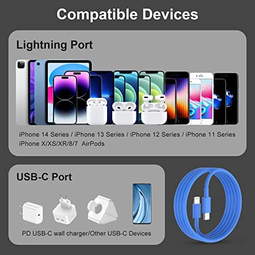 Blue Fast Charger Cable 2-Pack – 6 ft USB Type C to Lightning for i Phone 14/13/12 Pro Max, MFi Certified Charging Cord for Enhanced Speed & Compatibility – Durable Design for Everyday Use