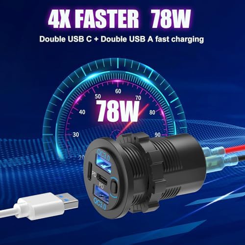 78 W 4-Port 12 V USB Car Charger – Super Fast Dual PD3.0 & QC3.0 Charging for Cars, Boats, and RVs – Waterproof Multi-Device USB Outlet for Quick Connectivity on the Go – Ideal Cigarette Lighter Replacement for All Adventures