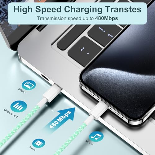 Premium 10 ft USB C to C Fast Charging Cable – 60 W High-Speed Charger for Apple i Phone 16 Pro Max, Mac Book Pro, i Pad & Samsung Galaxy – Durable, Flexible, and Stylish Green Design for Enhanced Device Compatibility and Rapid Power Delivery