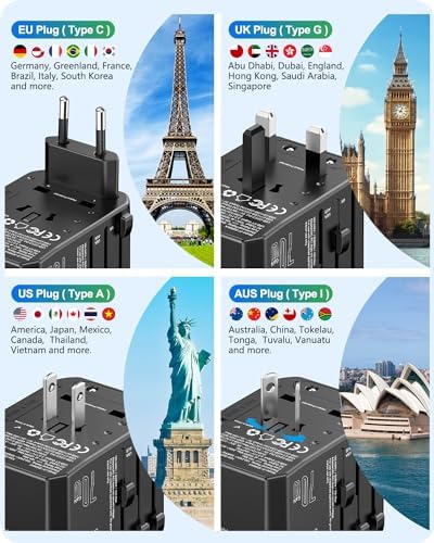 LENCENT 70 W Universal Travel Adapter – High-Efficiency Ga N Fast Charger with Triple PD3.0 Type-C Ports & Dual QC USB-A Outlets for Global Power Needs – Compact Power Converter Compatible with EU, USA, UK, AU Devices – Perfect for Laptops, Phones & Tablets on the Go