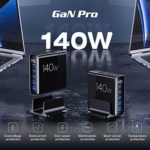 Maximize Your Charging Efficiency with a 140 W Ga N USB-C Charger Featuring LED Display – 5-Port Desktop Power Station with 3 USB-C & 2 USB-A Ports for Fast Charging Multiple Devices Including Mac Book Pro, i Phone, i Pad, and Laptops – Ultimate Compatibility and Performance