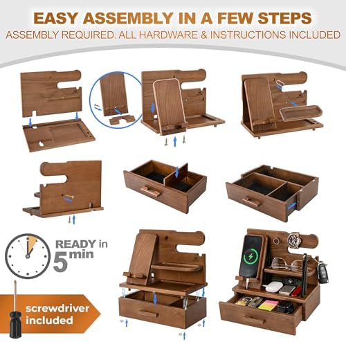 TESLYAR Wood Phone Docking Station with Drawer – Nightstand Organizer – Desk Organizer for Husband – Birthday Gifts for Men, Dad, Anniversary Idea, Key Holder Stand Watch & Accessories (Bourbon Brown) – Enhanced Compatibility and Speed