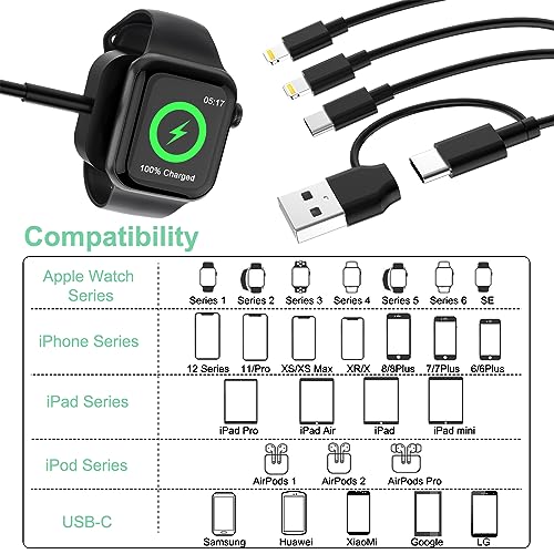 Ultimate 6-in-1 Travel USB C Charging Cable for Apple Devices – Fast Charge i Watch, i Phone, and i Pad with Versatile 3 M Type C & USB A Adapter Combo for Series 8, 7, 6, 5, 4, 3, 2, SE – Lightweight, Durable, and Perfect for On-the-Go Charging