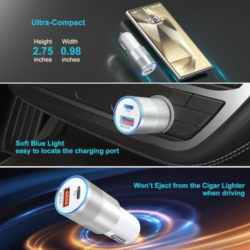 Excgood 25 W Fast Charging Car Charger with Dual 6 ft Braided USB-C Cables – High-Speed Wall Adapter for Samsung Galaxy S25 Ultra, S24, S23 FE & Android Devices, Compact & Travel-Friendly, Enhanced Safety Features for Optimal Performance