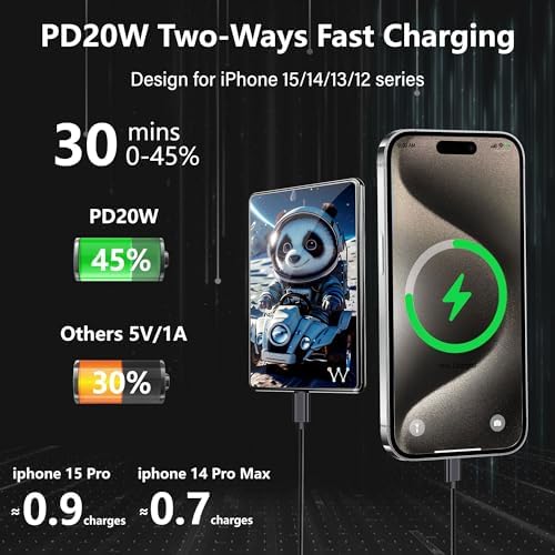 LUCKYDUO Ultra-Slim 0.26” Magnetic Wireless Power Bank – 5000 m Ah Fast Charging Battery Pack for i Phone 12/13/14/15/16 – Lightweight, Portable & Stylish Black Design for On-the-Go Charging – Seamless Magnetic Attachment & PD 20 W USB-C Compatibility – Your Essential Travel Companion for Effortless Power
