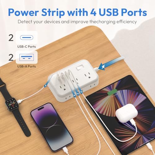 NTONPOWER 6-Outlet Surge Protector Power Strip with 4 USB Charging Ports, Including 2 USB-C Fast Chargers, 5-Foot Flat Plug Extension Cord for Home, Office & Dorm Room – Ultimate Device Protection & Space-Saving Solution