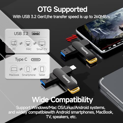 Ultra-Fast 256 GB USB Flash Drive – Dual Interface USB A & Type-C 2-in-1 Memory Stick for Effortless Data Transfer and Storage, Perfect for Laptops and Mobile Devices – F375 High-Speed Solution for Seamless Backups and File Sharing