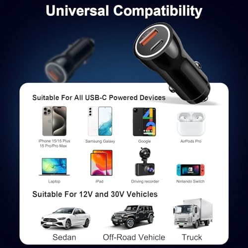 MFi Certified Apple i Phone 16 & 15 Car Charger – 43 W USB-C Fast Charging Adapter with 3.3 FT Cable for Pro, Max & Plus Models – Dual Port PD & QC 3.0 Technology for Ultimate Charging Efficiency on the Go