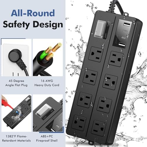 VNJ Outdoor Power Strip: 8 AC Outlets & 4 Fast USB Ports, IPX6 Waterproof Surge Protector with Safety Lock for Secure Connections, ETL-Certified 15 FT Extension Cord – Ideal for Home, Garden, and Commercial Applications