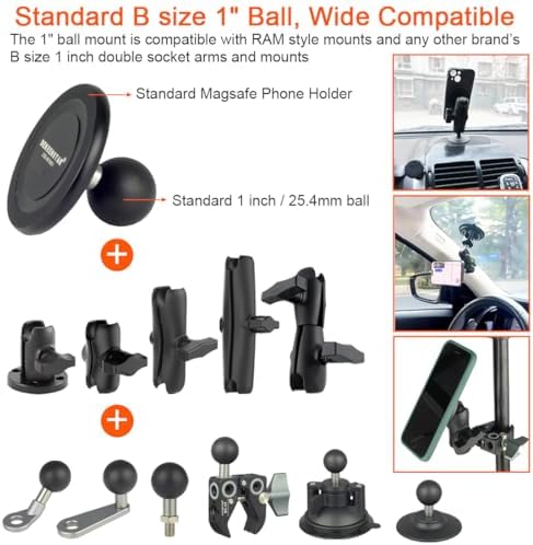 Magnetic Phone Holder with B Size 1-Inch Ball for Mag Safe i Phone 16/15/14/13/12 – Premium RAM Mount Compatible Car Accessory for Hands-Free Navigation and Communication – Enhanced Stability and Style for Your Vehicle