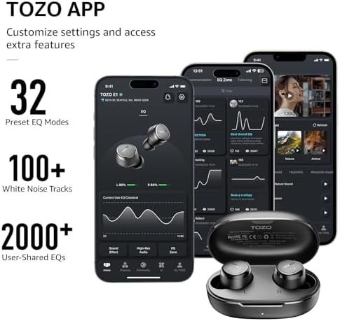 TOZO E1 Bluetooth 5.3 Wireless Earbuds: Advanced Ergonomic In-Ear Headphones with 30-Hour Playtime, IPX6 Waterproof Protection, Customizable Stereo Sound, and Built-in Microphone for Superior Call Clarity and Comfort