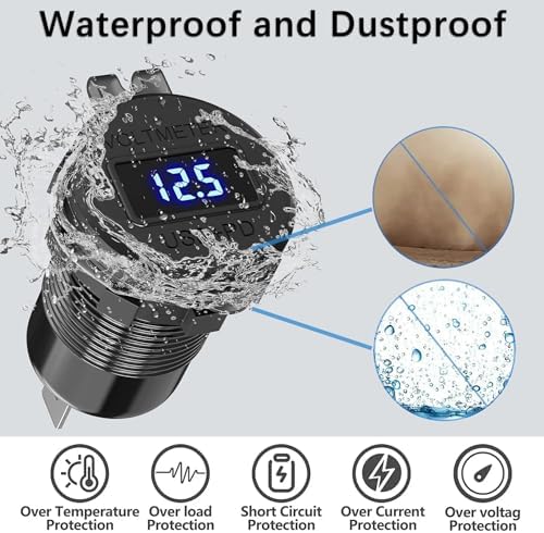 Upgrade Your Charging Game with the 12 V Waterproof USB Outlet – 3-Port Fast Charger Featuring PD3.0 & QC3.0 for Cars, Boats, RVs, and More – Durable Aluminum Alloy Design with Integrated Switch & Voltmeter for Ultimate Convenience and Performance