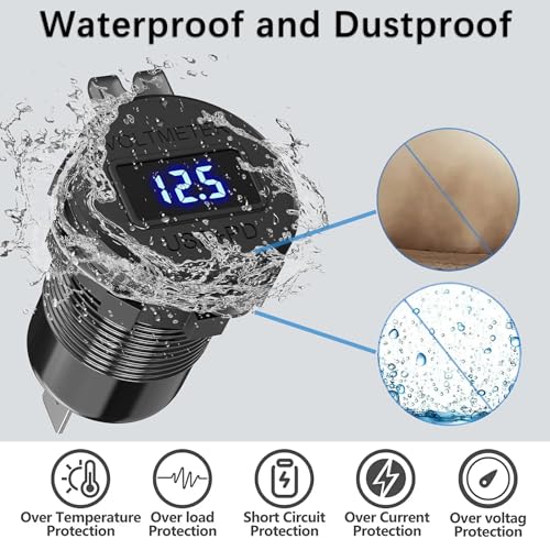 High-Performance Aluminum Alloy USB C Car Charger Socket – Dual Port Waterproof Power Adapter with PD 36 W & Quick Charge 3.0, Built-in Voltmeter & Switch for Trucks, Boats, Motorcycles, RVs, and Golf Carts – Ultimate Charging Solution for Adventure Seekers