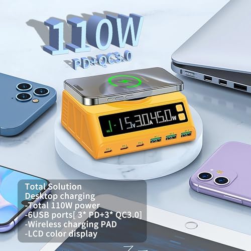 Ultimate 110 W USB C Multi-Device Charging Station – 6-Port Fast Charger with Magnetic Wireless Dock for i Phone, i Pad, Mac Book, Samsung Tablets, and Android Devices – Enhanced Ga N Technology for Superior Speed and Universal Compatibility