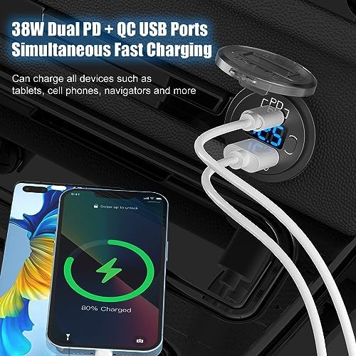 High-Performance 12 V USB C Car Charger Socket – 38 W Waterproof Adapter with PD 3.0 & QC 3.0 for Rapid Device Charging in Cars, Trucks, RVs, and Marine – Features Integrated Power Switch & Voltmeter for Battery Health Monitoring