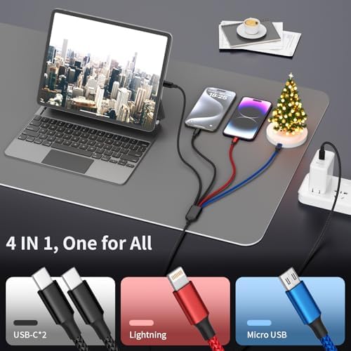 Versatile 4 in 1 USB C Charging Cable – 5 FT Dual Type-C Multi-Device Charger for i Phone 16/15/14/13, Android, i Pad & Mini Fans – 2 Pack Essential Travel Accessory for Fast and Efficient Charging Solutions