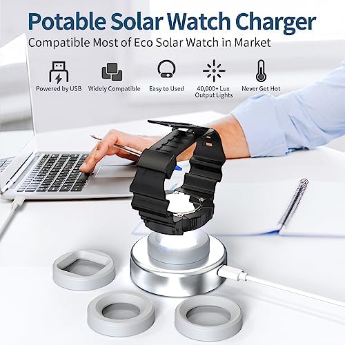 Eco-Friendly Solar Watch Charger for Men and Women – Quick Charge LED UV Light, 8-Hour Auto Shut-Off, Universal Compatibility with Casio, Seiko, Garmin & More – Stylish Black Design with Interchangeable Caps for Ultimate Convenience and Adventure-Ready Power