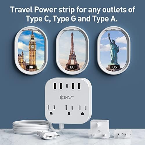 Universal Travel Power Strip with European Plug Adapter – Unidapt US to UK Adapter for EU/UK/US with 4 USB Ports Including USB-C, 3 AC Outlets, Wall Mountable Design, 5 ft Extension Cord for Home, Cruise, and Travel (Black) – Enhanced Device Compatibility and Fast Charging Solutions
