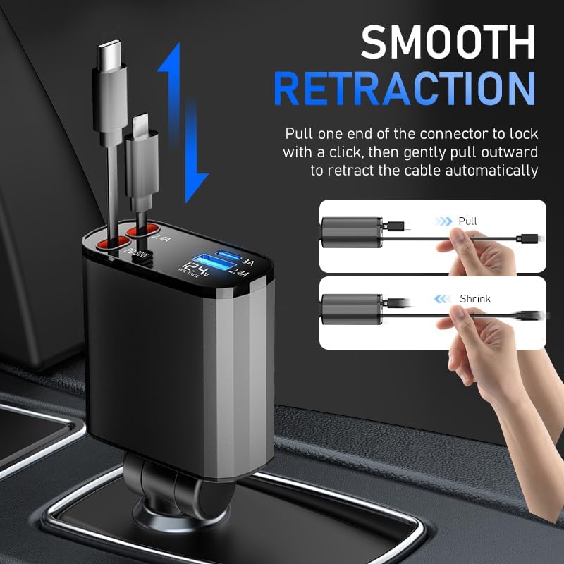 TICCI 60 W Retractable Car Charger: 4-in-1 Fast Charging Solution for i Phone 16-12, USB-C & Android Devices – Ultimate Convenience with Tangle-Free Design and Enhanced Compatibility for Road Trips and Daily Commutes