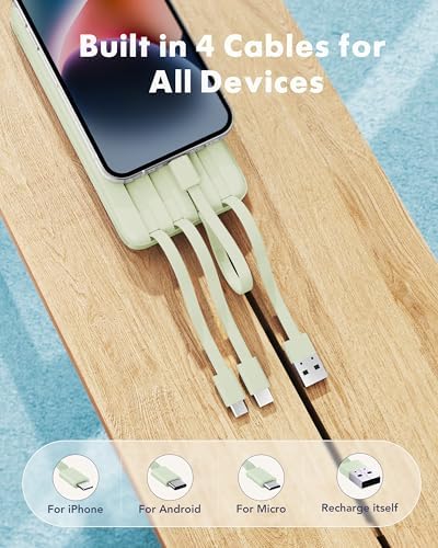 Ultra-Slim 10,000 m Ah Portable Power Bank with Built-In Charging Cables – 6 Outputs, 3 Inputs, Fast 3 A Charging for Universal Device Compatibility – Essential Travel Battery Pack for i Phone, Samsung, Google Pixel, LG, and More