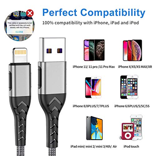 Durcord 10 FT MFi Certified i Phone Charger – 3-Pack Fast Charging Lightning Cables with Durable Nylon Design for Enhanced Compatibility & Performance, Ideal for i Phone XS Max/XS/XR/X/8/7/6 S/6/Plus/SE/i Pad – Sleek Silver Finish for Modern Tech Users