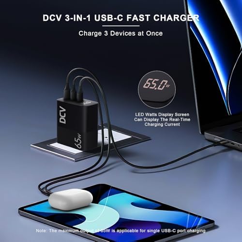 Experience unparalleled charging versatility with the DCV 65 W Ga N USB C Charger – a robust 3-Port Fast Charging Block featuring an innovative LED Digital Display. Engineered for optimal performance, this wall charger delivers rapid charging capabilities for your Mac Book, i Phone 15/14/13, i Pad Pro, Galaxy S23/S22, and Note 20/10. With an impressive output of 65 W, it supports PD, PPS, and QC 3.0 technologies, ensuring seamless compatibility across devices. The foldable design enhances portability, making it the ideal companion for your on-the-go lifestyle. Monitor your power usage at a glance with the integrated LED display, while advanced safety features protect against overheating and overcharging. Elevate your charging experience today with this sleek, durable solution that empowers you to charge multiple devices simultaneously without compromising speed or safety. Perfect for home, office, or travel, the DCV 65 W USB C Charger is your gateway to efficiency and reliability in device charging.