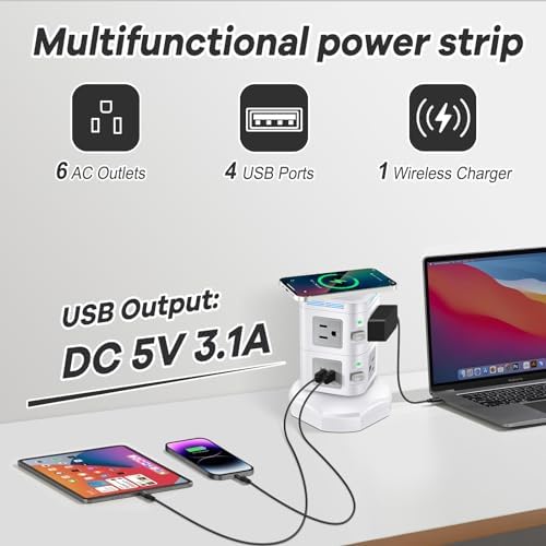 Revolutionize Your Charging Setup with ODOM’s 15 W Wireless Charging Power Strip Tower – 10 AC Outlets, 4 USB Ports, 1800 J Surge Protection, and 6 Ft Retractable Cord for Ultimate Home Office Efficiency and Device Safety