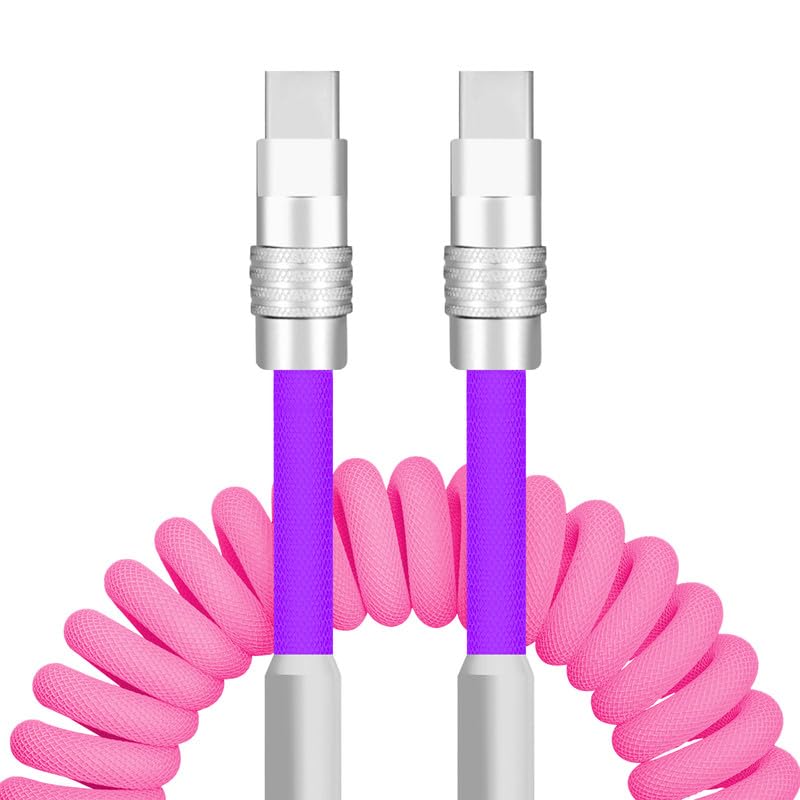 Dynamic Curly Chubby Coiled USB C Cable: 240 W Fast Charge Retractable Spiral Braid Cord for Carplay & Android Auto, Versatile Length 2.29 FT to 3.6 FT, Sleek Black and Red Design, Enhanced Compatibility for All USB-A to Type-C Devices