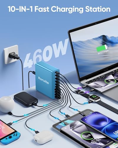 460 W Advanced USB C Charging Hub – 10-Port Fast Charging Station with Ga N III Technology for Mac Book Pro/Air, i Phone, i Pad, Dell, Samsung Galaxy – Dual 65 W Power Adapter for Ultimate Device Versatility – Sleek White Design for Home & Office Efficiency