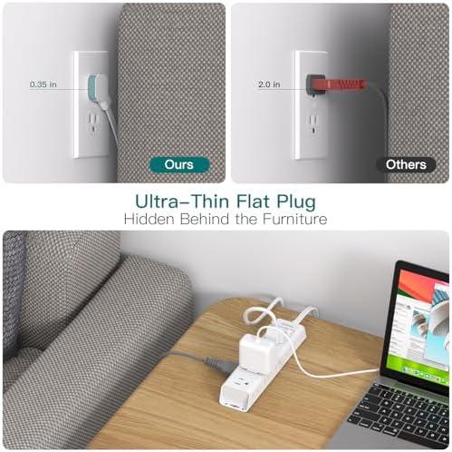 Ultra-Thin Flat Plug Power Strip with 12 AC Outlets – Addtam 5-Ft Surge Protector for Desk and Wall Mount – Multi-Device Charging Station for Home and Office – 1050 Joules Protection, Space-Saving Design for Tidy Workspaces and Enhanced Connectivity