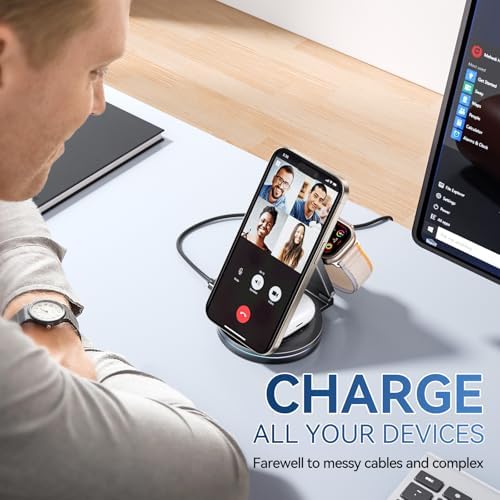 Sleek 3-in-1 Wireless Charging Station for Apple Devices – 15 W Fast Mag-Safe Qi-Certified Portable Charger Stand for i Phone 12/13/14, Apple Watch & Air Pods Pro/2/3 – Adjustable Viewing Angle & Compact Design in Elegant Silver Finish – Ultimate Convenience for Home and Office Use